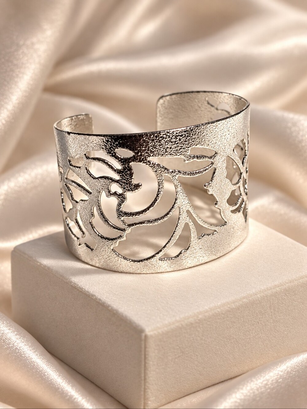 Silver Floral Cutout Cuff Bracelet - Women Jewelry